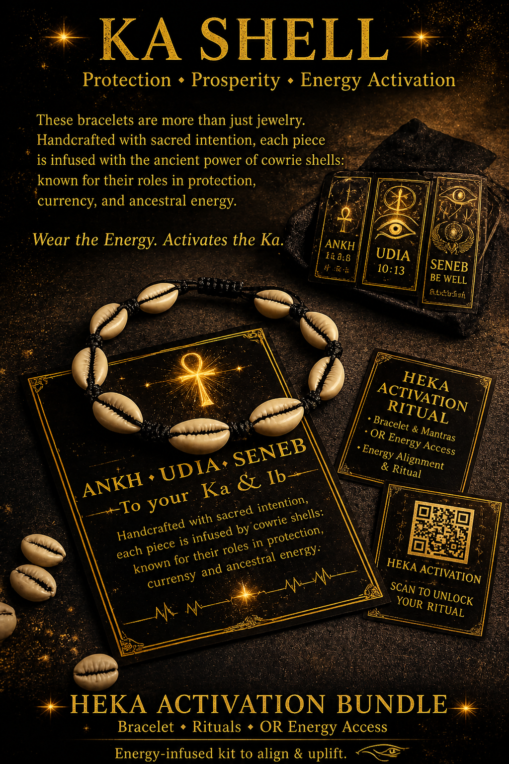 🐚 KA SHELL™ Heka Bracelet — Protection • Prosperity • Energy Activation  alt options you can test:  KA SHELL™ — Ankh Activation Bracelet KA SHELL™ Sacred Cowrie Energy Bracelet KA SHELL™ Heka Bundle (Limited Flame Edition)